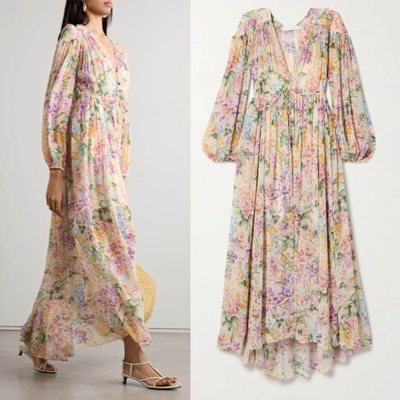 Zimmermann Halliday Floral Gathered Maxi Dress Multi Watercolour US 10 AU 3 NWT - Picture 1 of 17
